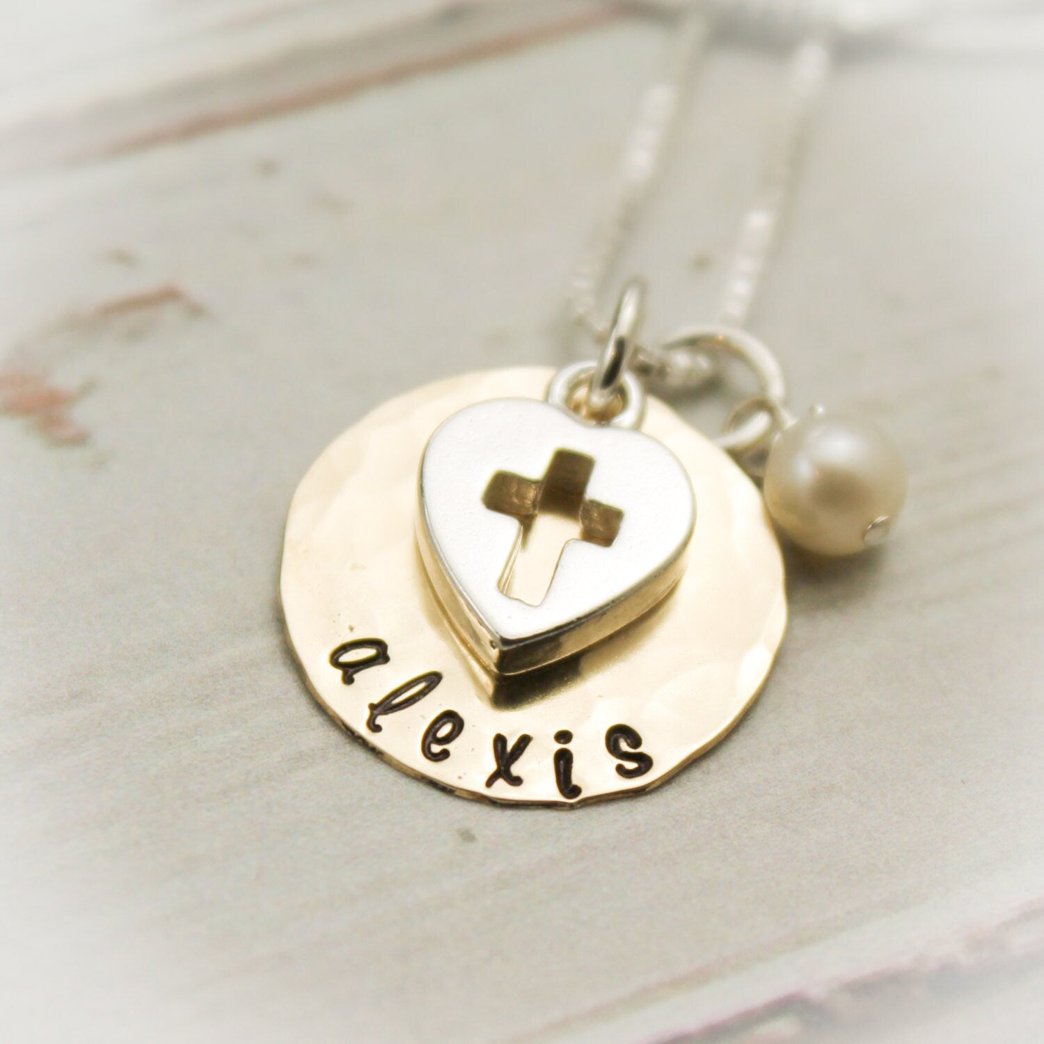 Confirmation Necklace Personalized Hand Stamped 14K Gold Filled and Sterling Silver with Heart Cross Charm