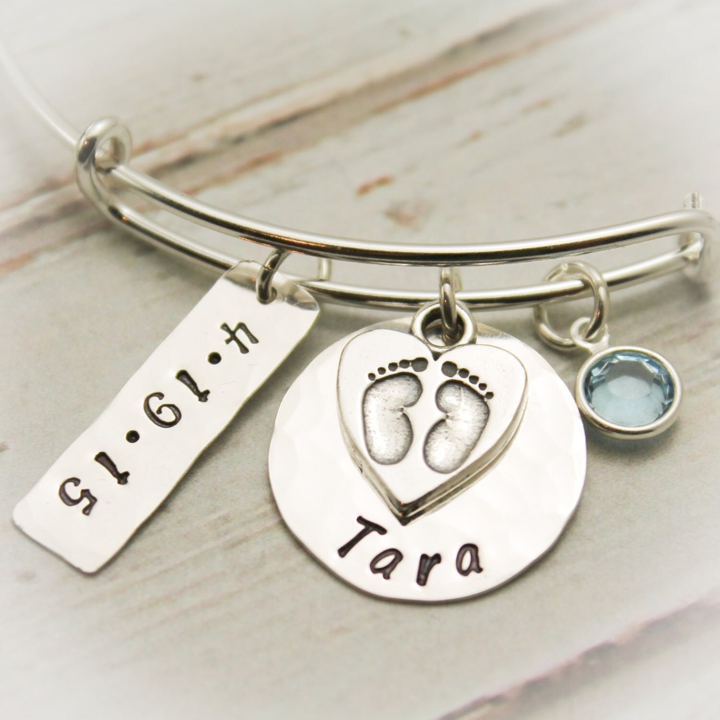 New Mommy Bangle with Footprint Charm in Sterling Silver Personalized Hand Stamped Jewelry
