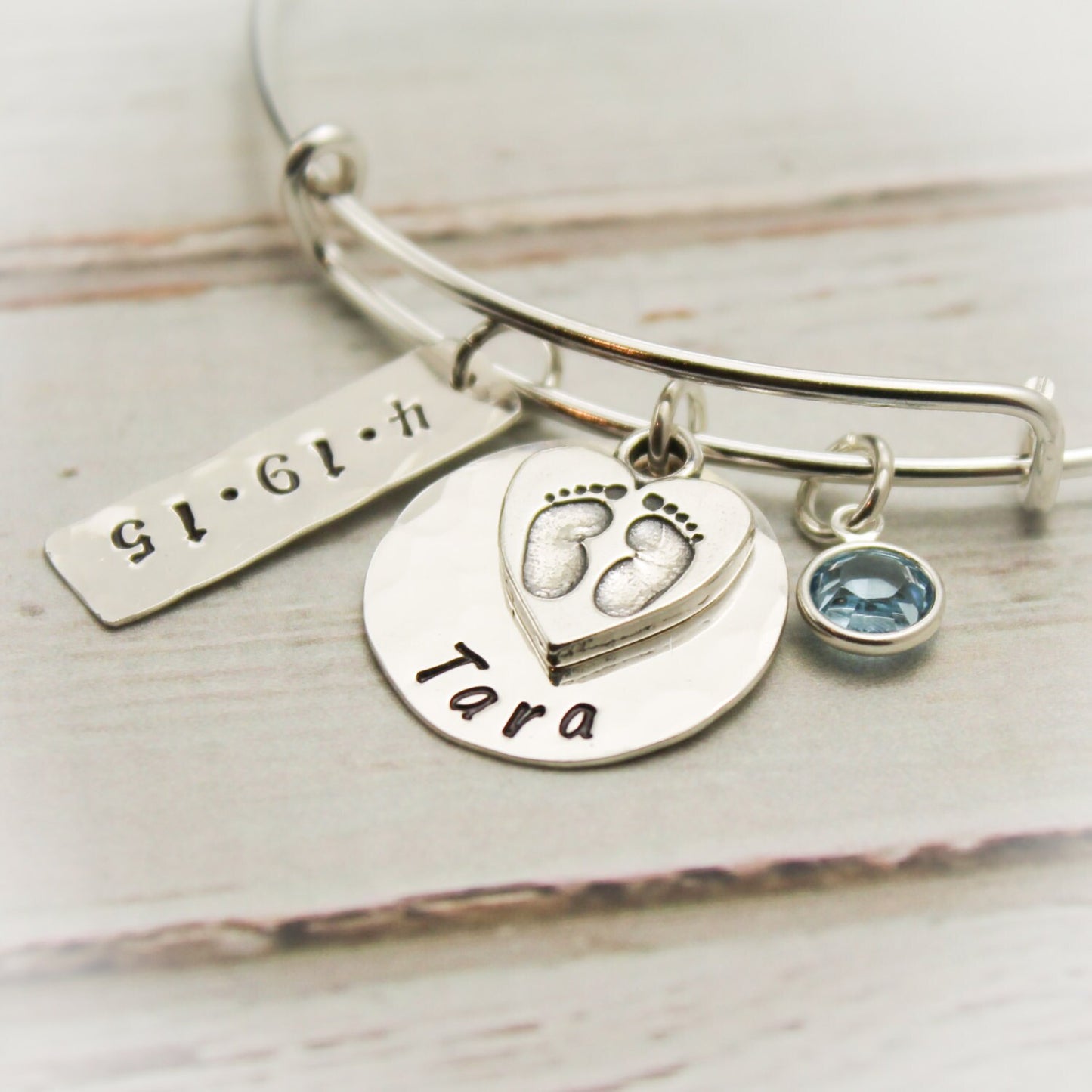 New Mommy Bangle with Footprint Charm in Sterling Silver Personalized Hand Stamped Jewelry