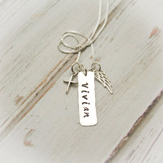 Angel Wing and Cross Tag Necklace with Birthstone or Pearl for Confirmation Personalized Sterling Silver Hand Stamped Jewelry