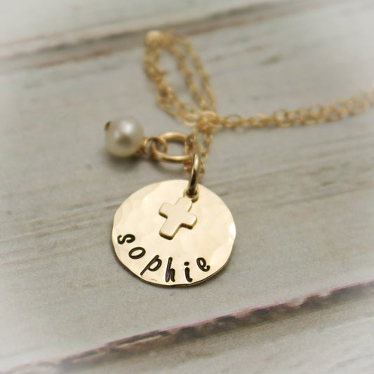 Dainty Cross Necklace 14K Gold Filled Personalized Hand Stamped Jewelry