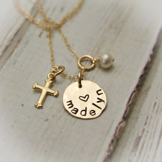 Personalized Disc and Cross Necklace 14K Gold Filled Hand Stamped Jewelry