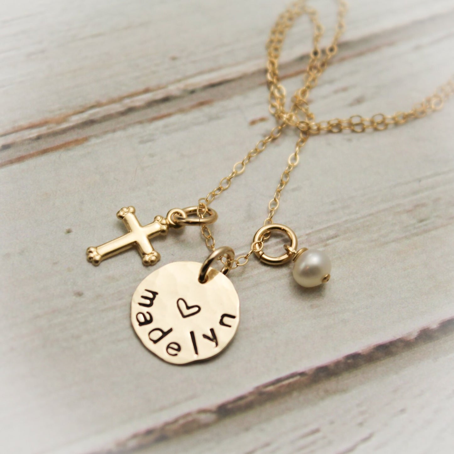 Personalized Disc and Cross Necklace 14K Gold Filled Hand Stamped Jewelry