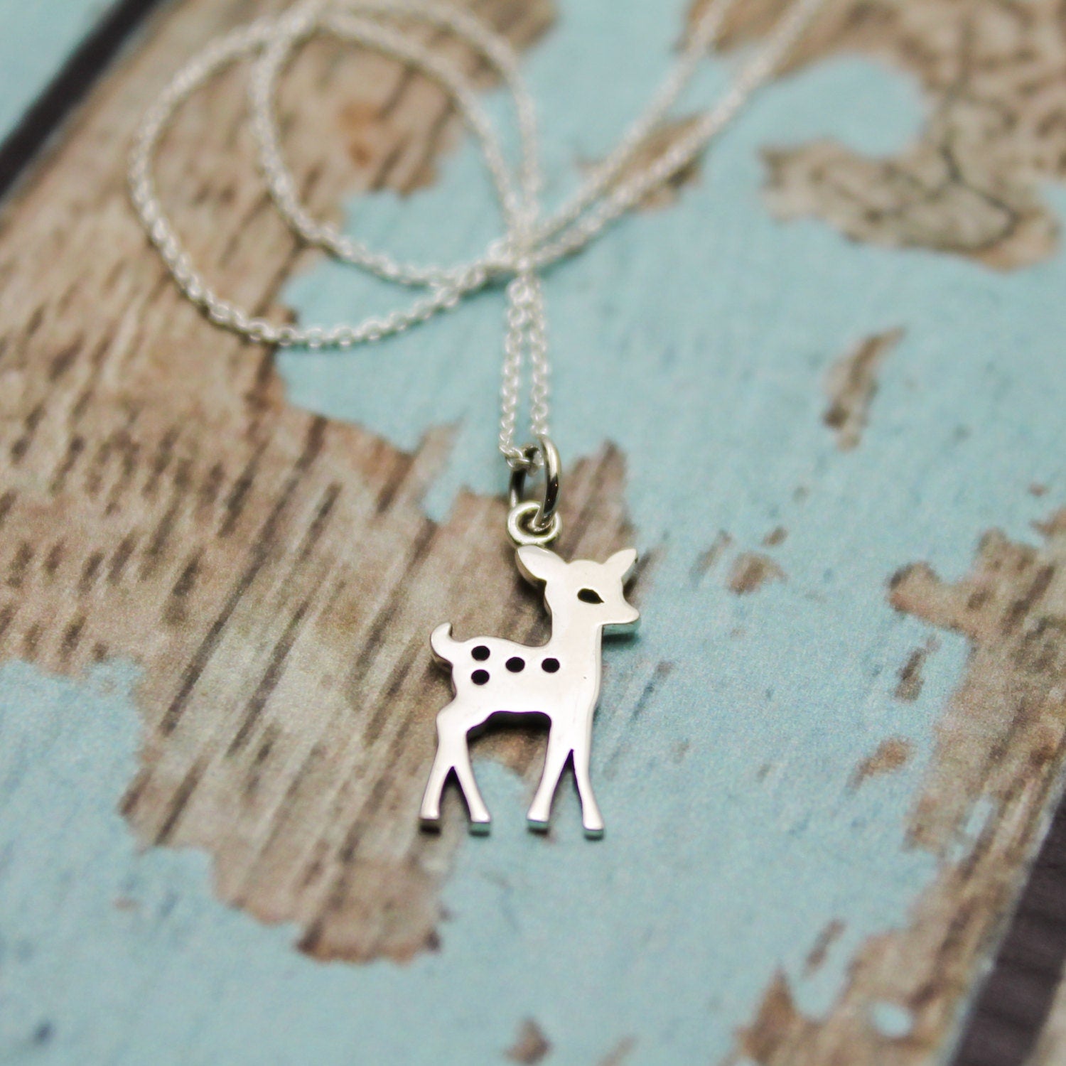 Baby Fawn Deer Charm Necklace in Sterling Silver