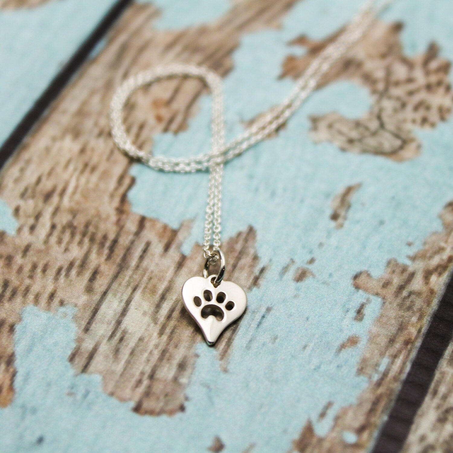 Petite Cute Dog or Cat Heart Paw Charm Necklace in Sterling Silver