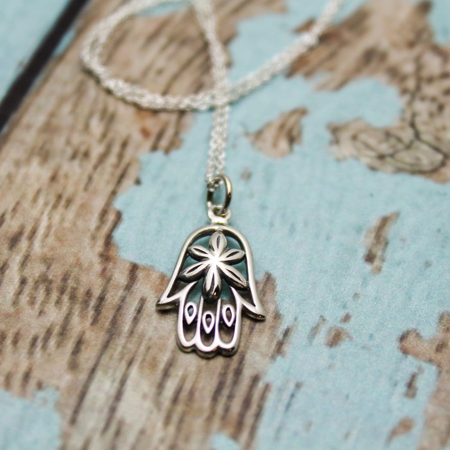 Hamsa Hand Charm Necklace in Sterling Silver