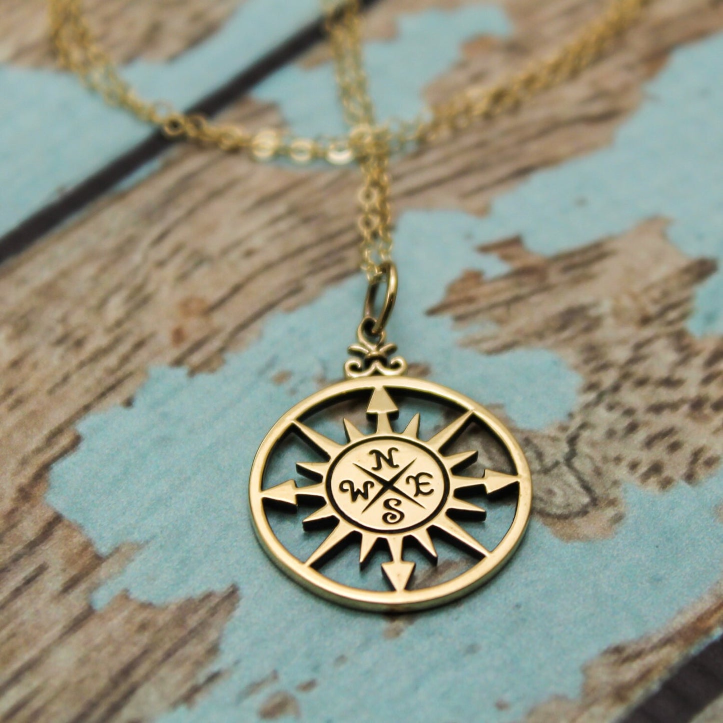 Long Rose Compass Necklace in Bronze and 14K Gold Filled