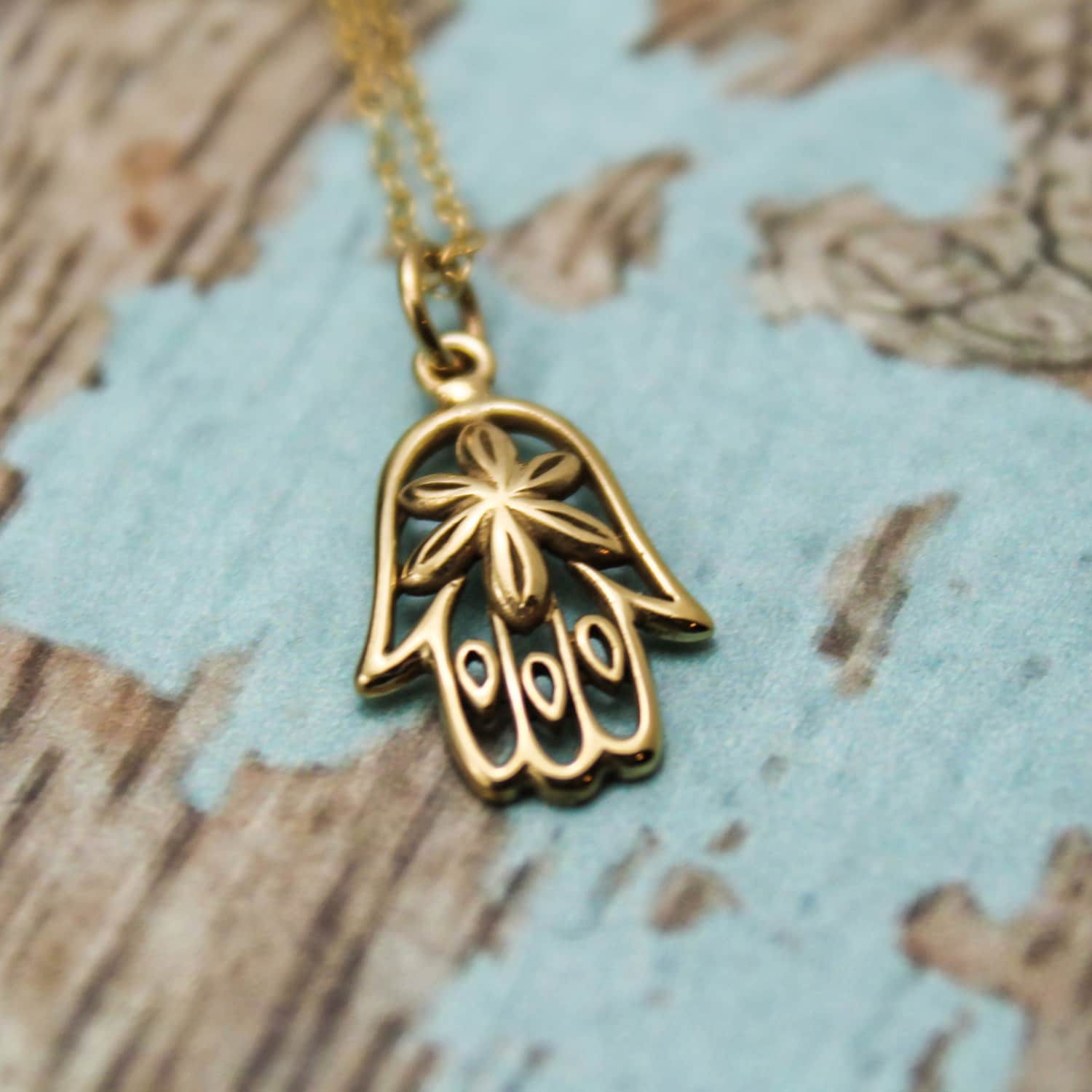 Hamsa Hand Necklace in Bronze and 14K Gold Filled