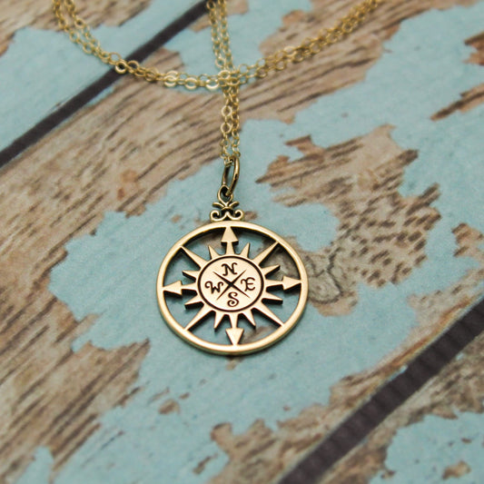 Long Rose Compass Necklace in Bronze and 14K Gold Filled