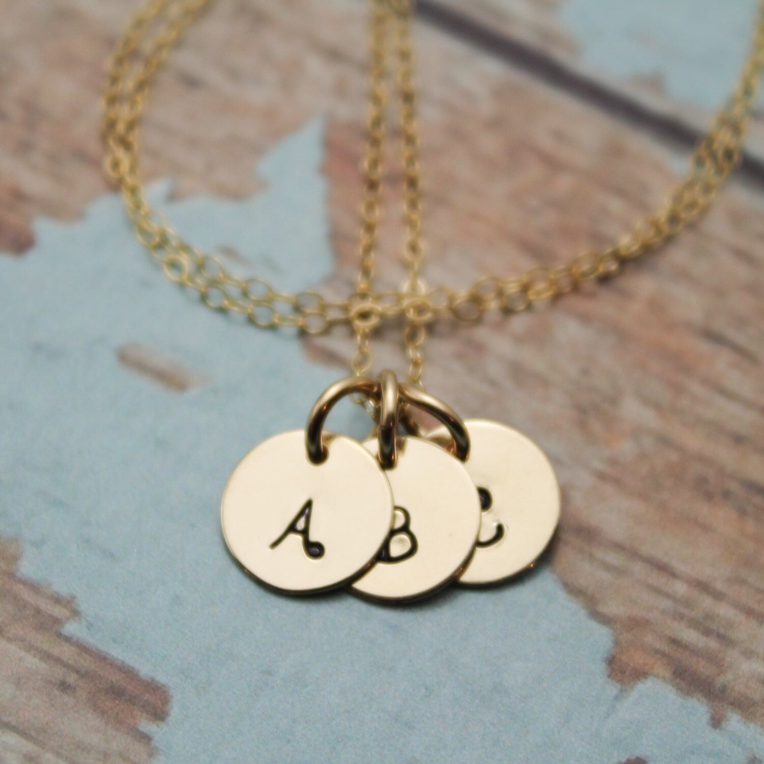 Gold Tiny Initials Necklace, Gold Initial Necklace, Gold Letter Necklace, Gold Letter Charm, Hand Stamped Jewelry,  14K Gold Filled Initial