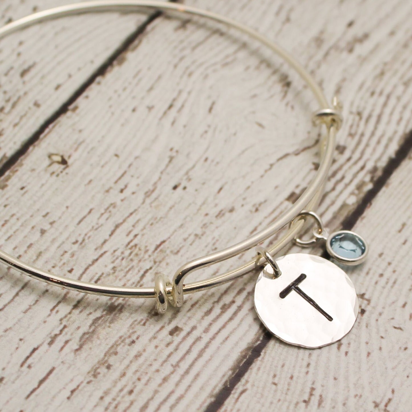 Initial and Birthstone Bangle Bracelet, Sterling Silver, Stainless Steel, Personalized