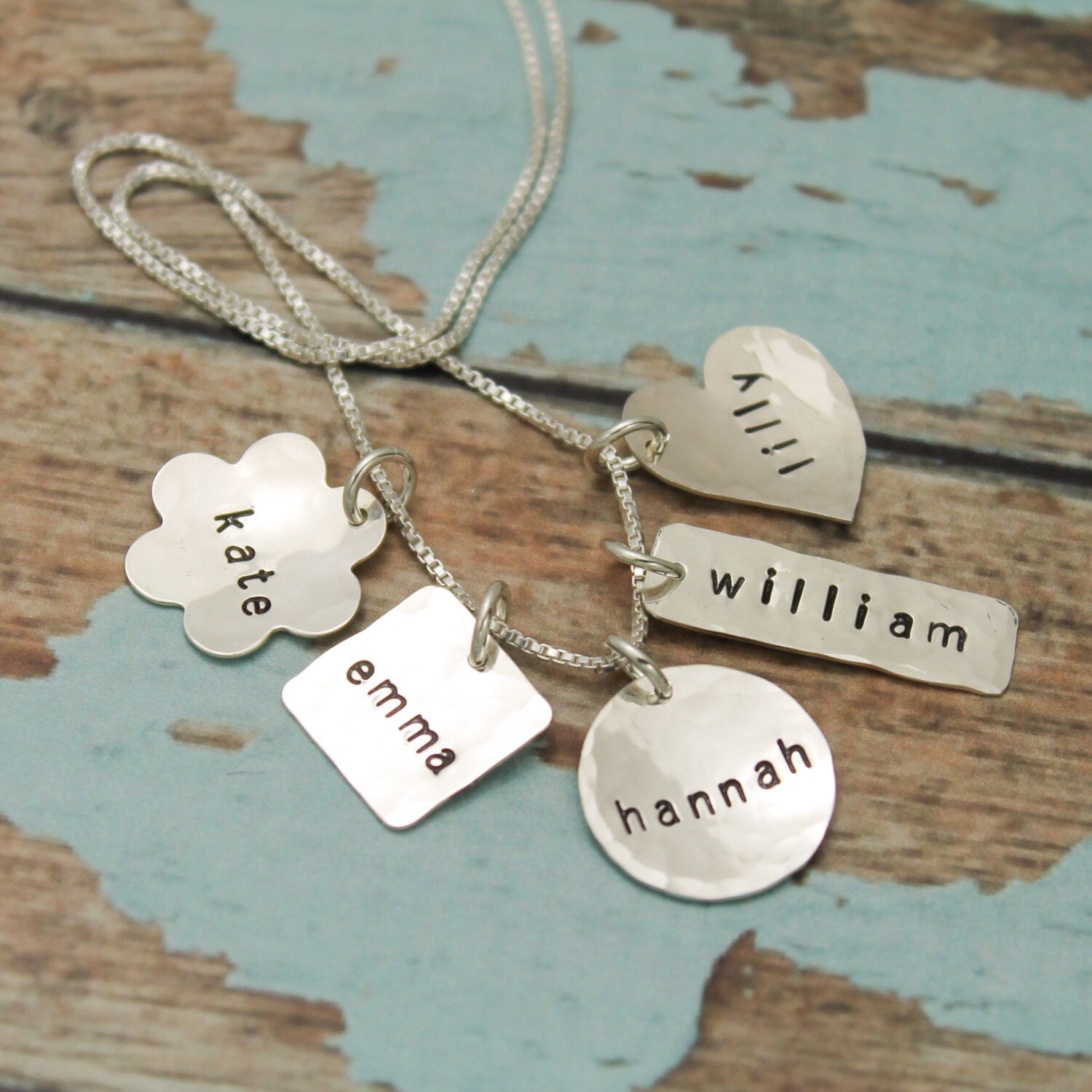 Name Charm Necklace, Custom Charms, Hand Stamped Sterling Silver Family Charm Necklace, Mother's Day Gift