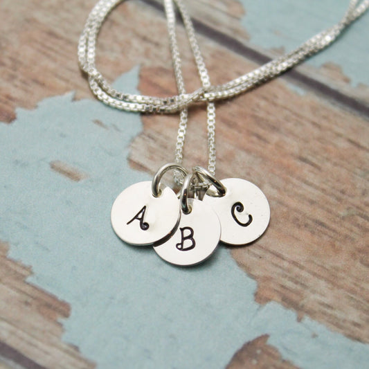 Three (3) Tiny Initial Sterling Silver Necklace Personalized Hand Stamped Jewelry