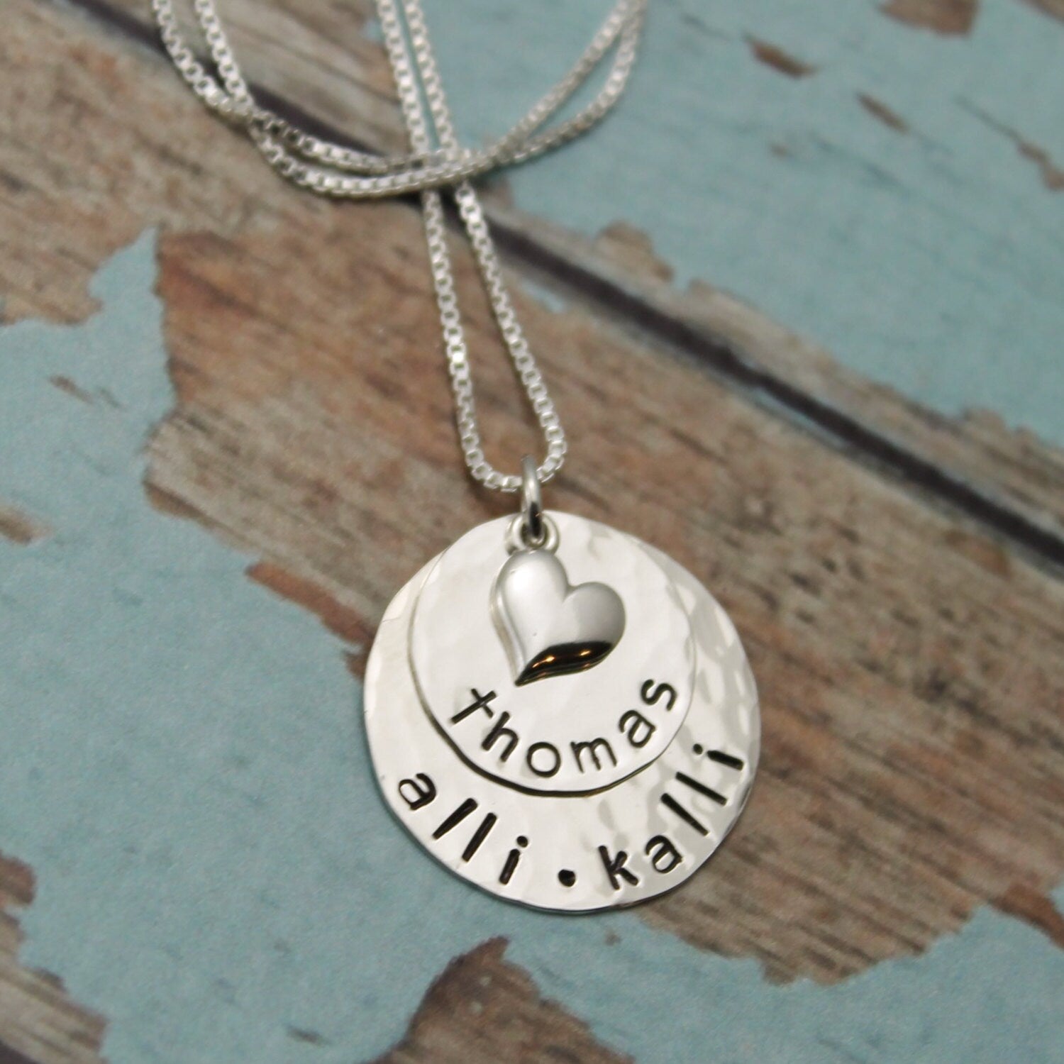 Mother or Grandmother Necklace with Two Discs Layered Sterling Silver Personalized Hand Stamped Jewelry
