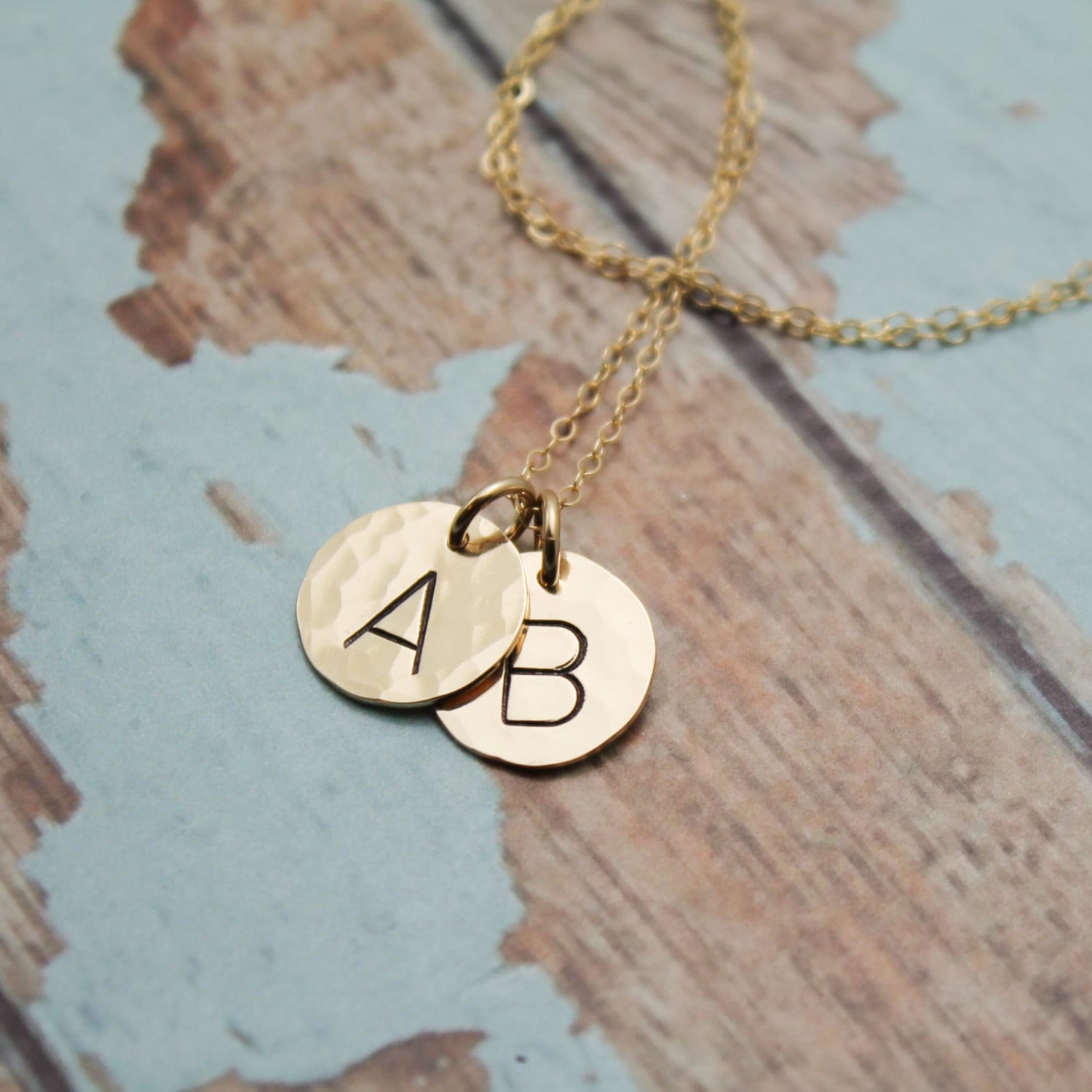 Two (2) 14K Gold Filled Initial Necklace Personalized Hand Stamped Jewelry