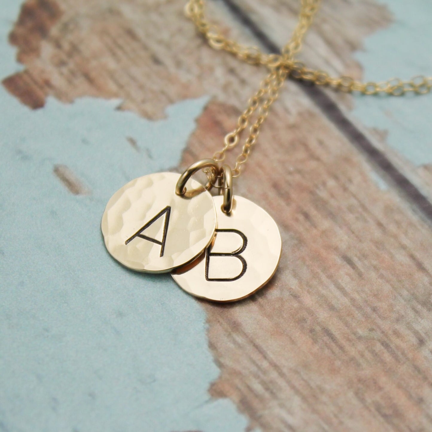 Two (2) 14K Gold Filled Initial Necklace Personalized Hand Stamped Jewelry