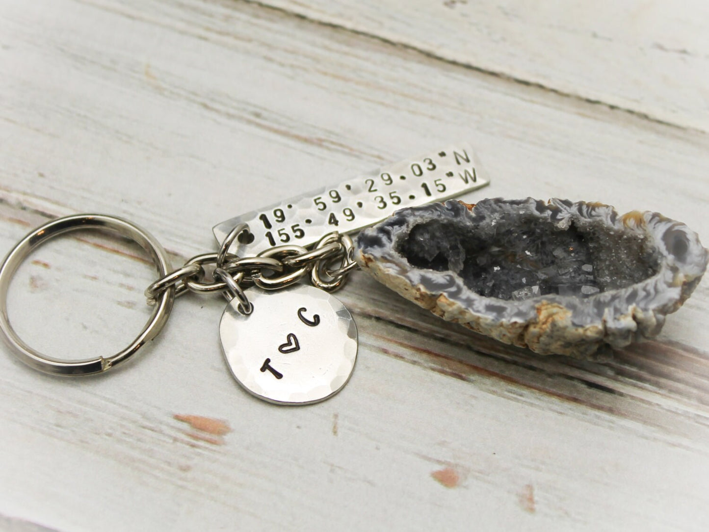 Latitude and Longitude Keychain, Coordinates Key Chain, Geode Keychain, Engagement Anniversary Gifts, Pewter Hand Stamped Personalized