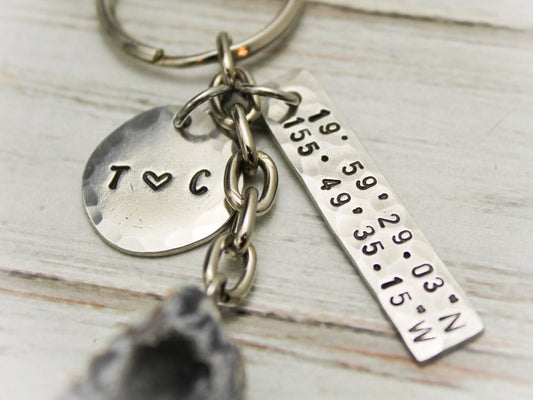 Latitude and Longitude Keychain, Coordinates Key Chain, Geode Keychain, Engagement Anniversary Gifts, Pewter Hand Stamped Personalized