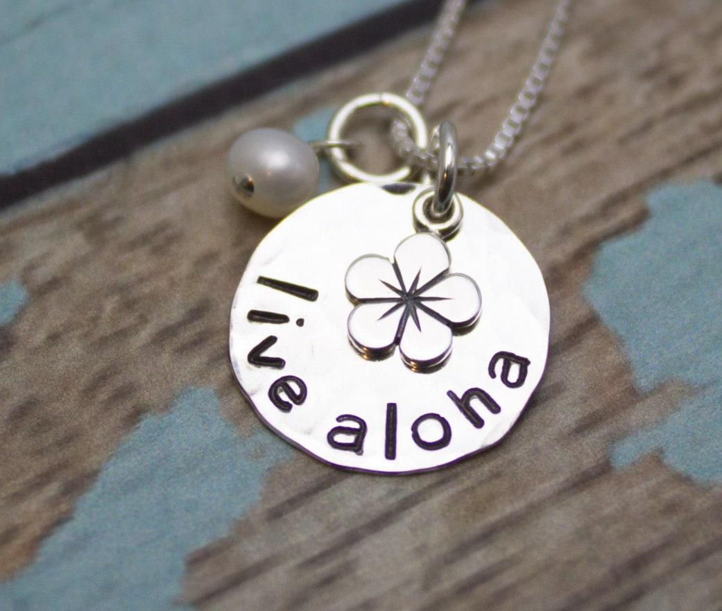Live Aloha Necklace Aloha Hawaiian Plumeria Jewelry Personalized Hand Stamped Sterling Silver Necklace