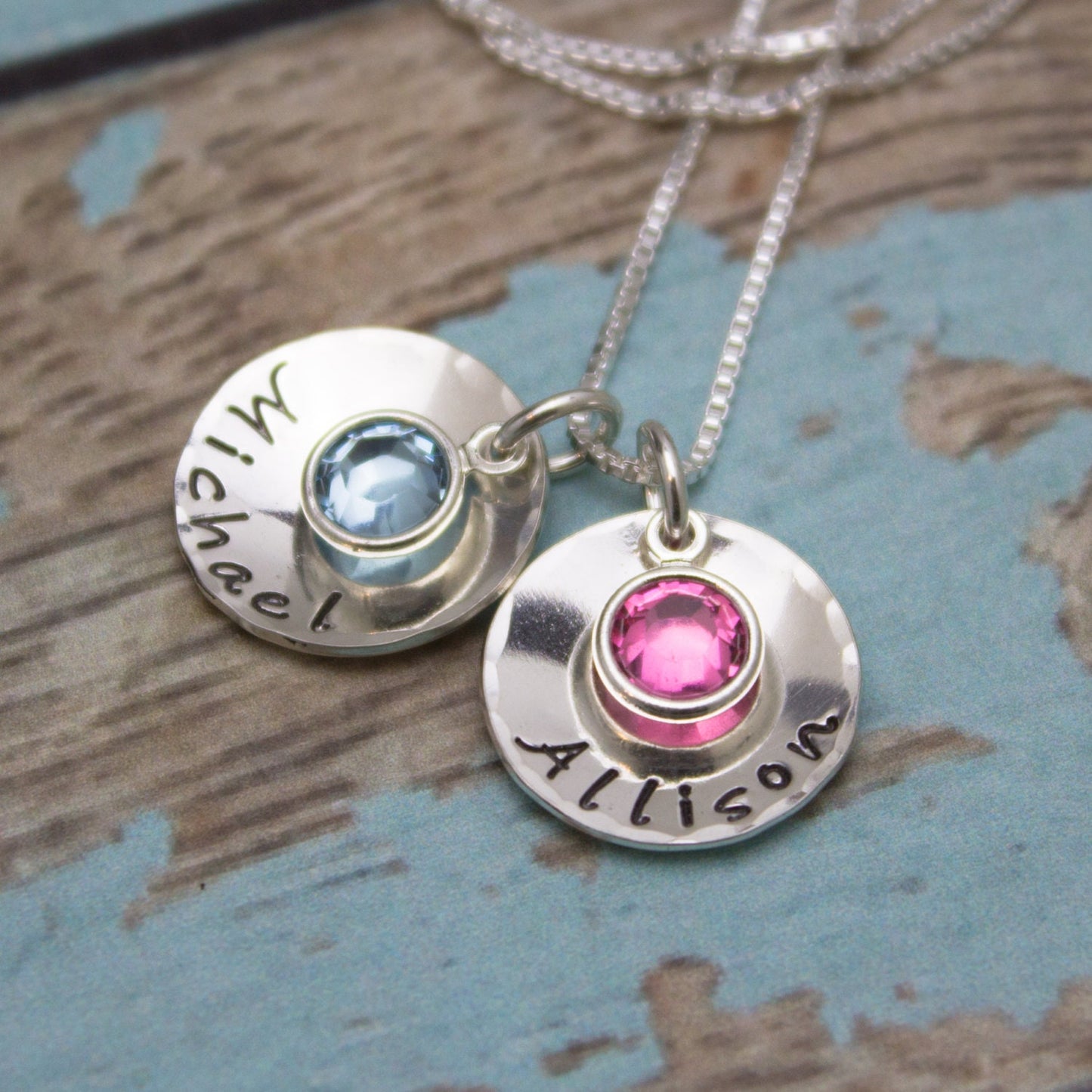 Mother's Day Gift, Sterling Silver Personalized (2) Two Discs Mother Necklace with Crystal Birthstone, Mommy Necklace