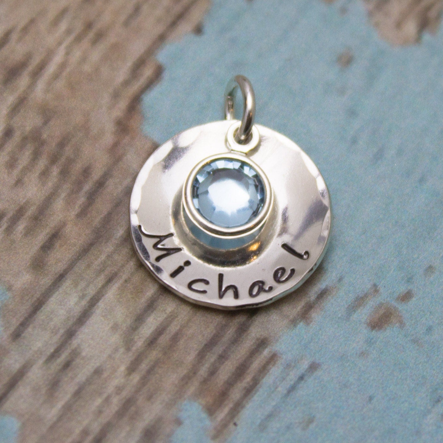 Sterling Silver Personalized Disc with Birthstone Charm, Cupped Disc Charm with Crystal Birthstone, Personalized Hand Stamped Jewelry