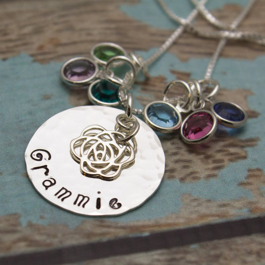 Grandmother or Mother Necklace with Rose and Birthstones Sterling Silver  Personalized Hand Stamped Jewelry
