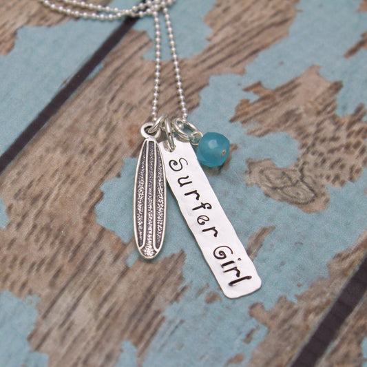 Surfer Girl Necklace, Silver Surfboard Necklace, Gifts for Surfers, Surfboard Charm Jewelry, Surfing Necklace, Hand Stamped Necklace