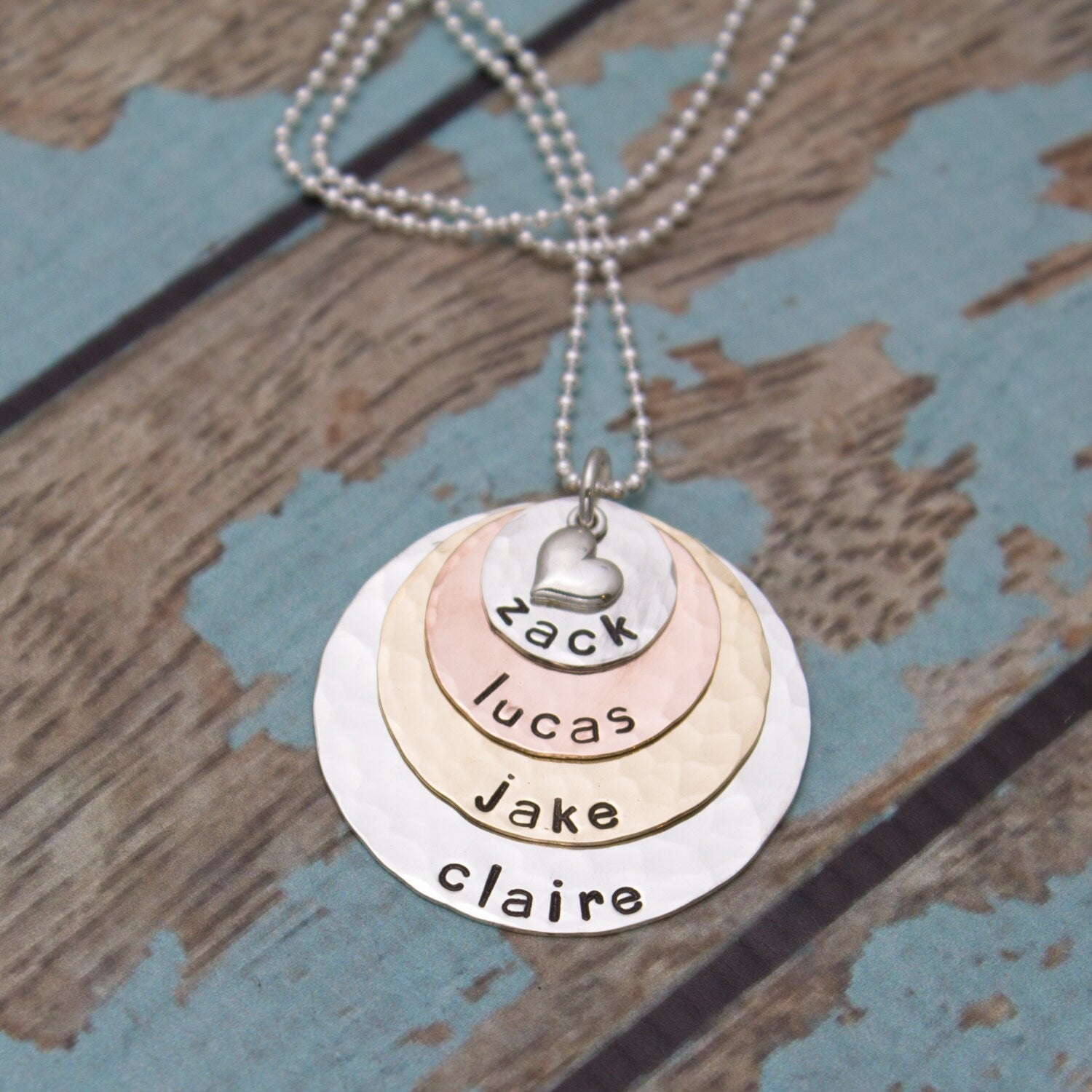 Mother or Grandmother Necklace in Four (4) Layers Silver, Copper and Brass Necklace Personalized Hand Stamped Jewelry