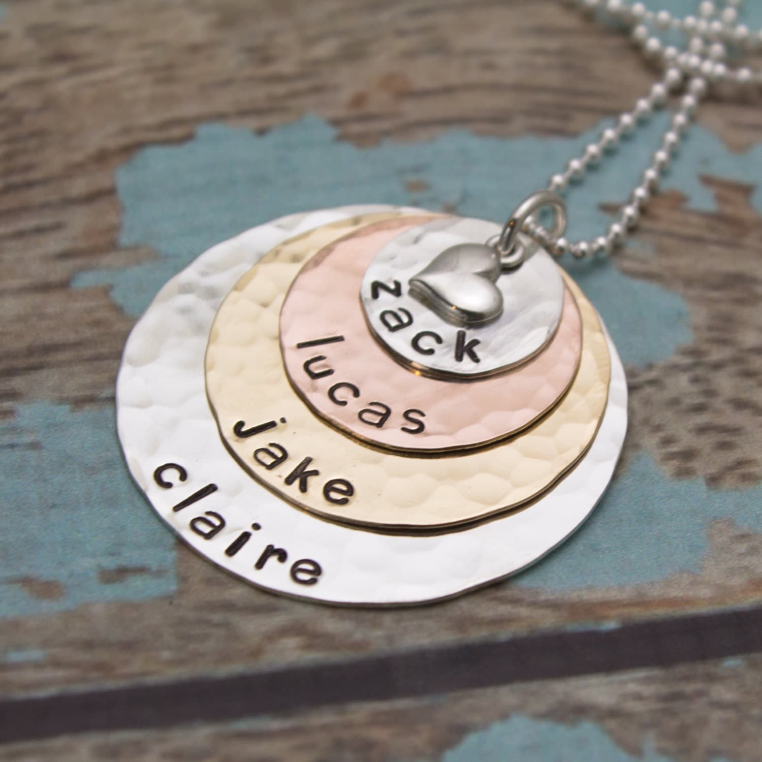 Mother or Grandmother Necklace in Four (4) Layers Silver, Copper and Brass Necklace Personalized Hand Stamped Jewelry