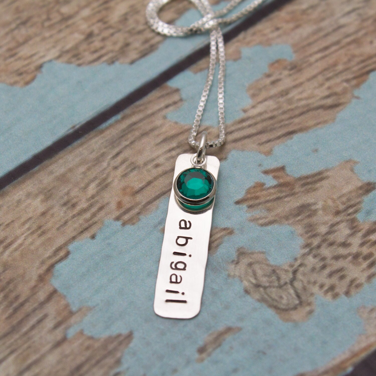 Personalized Sterlling Silver Tag Necklace with Birthstone Hand Stamped Jewelry