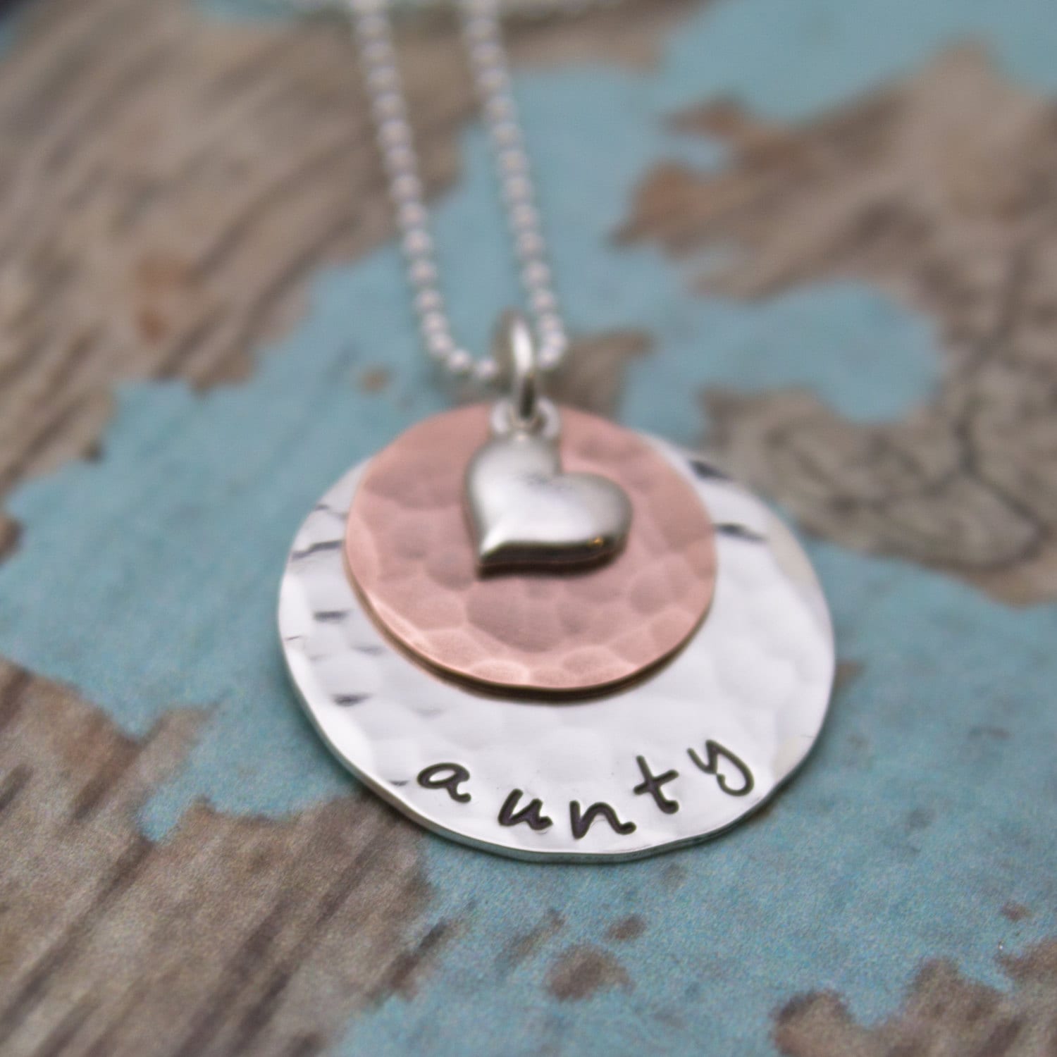 Sterling Silver and Copper Layered Necklace with Heart Charm Grandmother or Mother Necklace Personalized Hand Stamped Jewelry