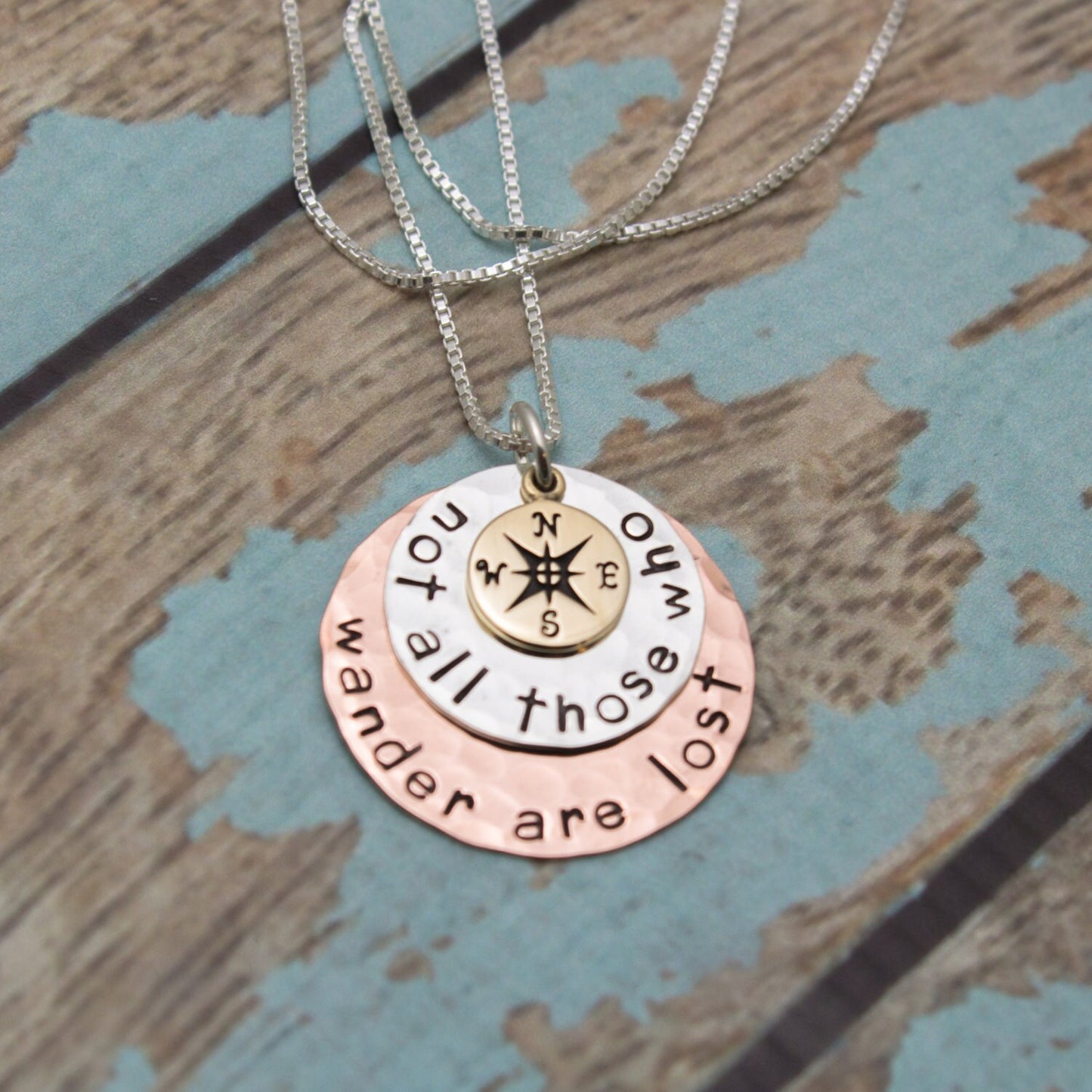 Sterling Silver Copper and Bronze Disc Necklace Not All Those Who Wander Are Lost Compass Hand Stamped Jewelry