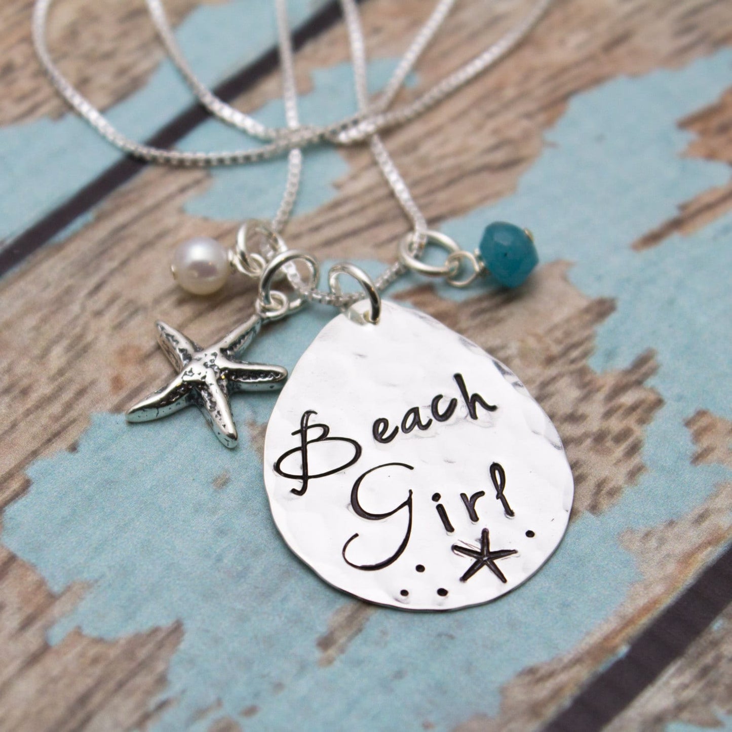 BEACH GIRL Necklace, Starfish Necklace, Beach Jewelry, Stamped Necklace, Pearl, Aqua Bead, Hand Stamped Jewelry