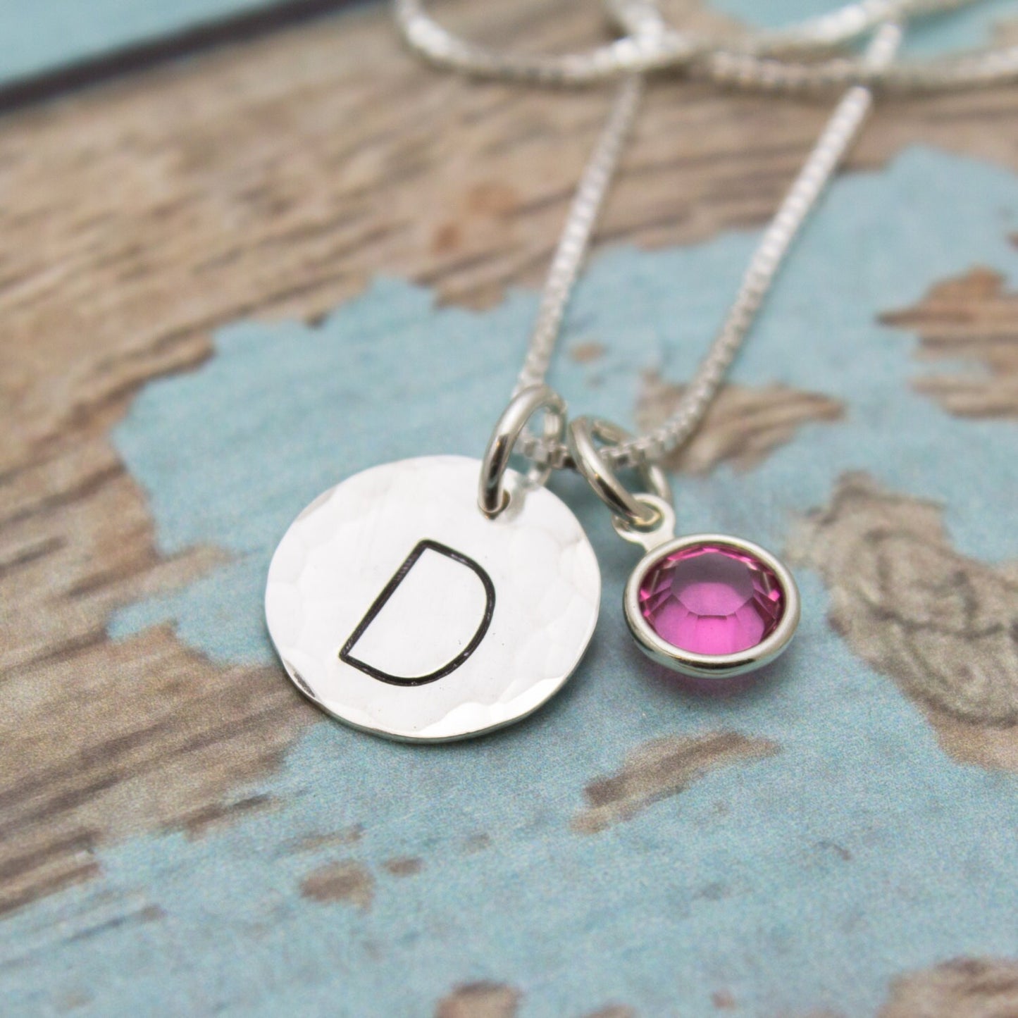 Sterling Silver Initial and Birthstone Charm Necklace Personalized Hand Stamped Jewelry