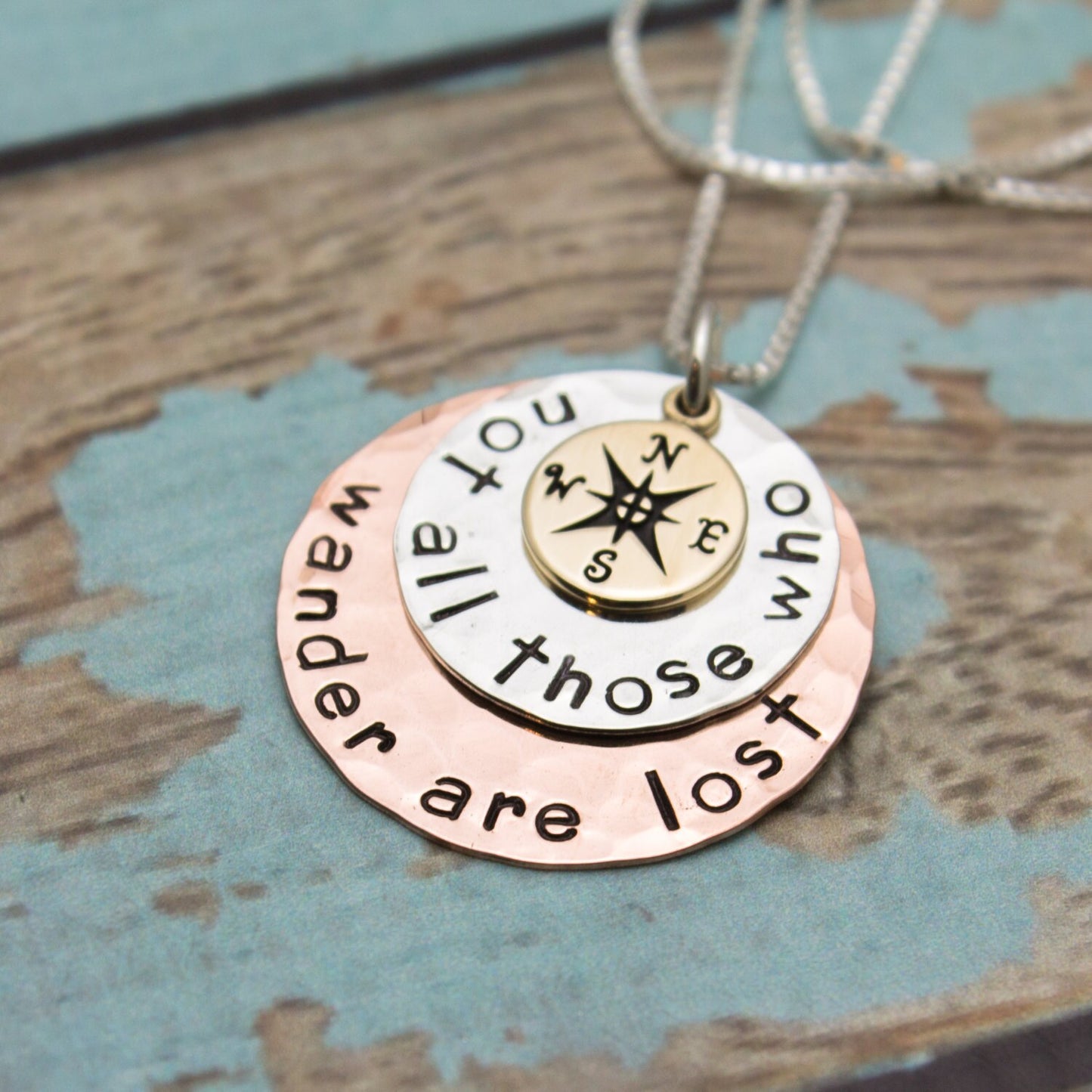 Sterling Silver Copper and Bronze Disc Necklace Not All Those Who Wander Are Lost Compass Hand Stamped Jewelry