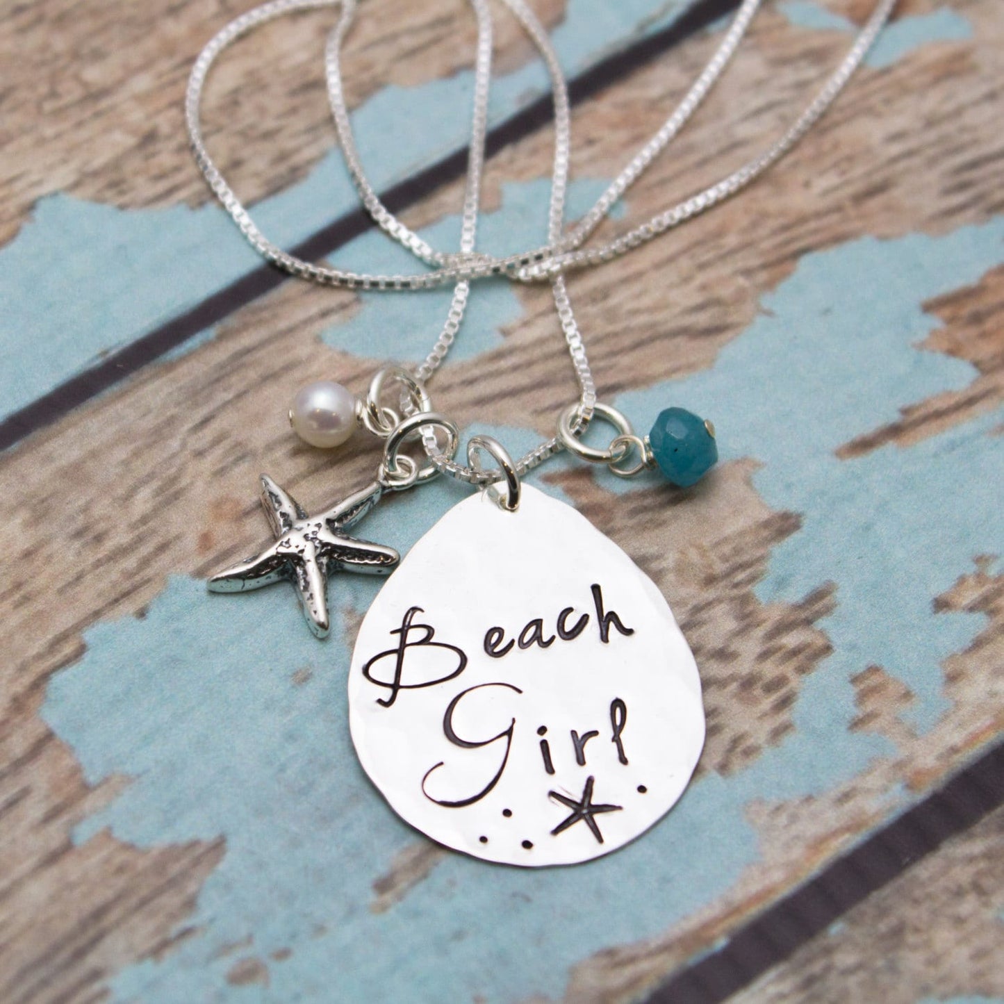 BEACH GIRL Necklace, Starfish Necklace, Beach Jewelry, Stamped Necklace, Pearl, Aqua Bead, Hand Stamped Jewelry