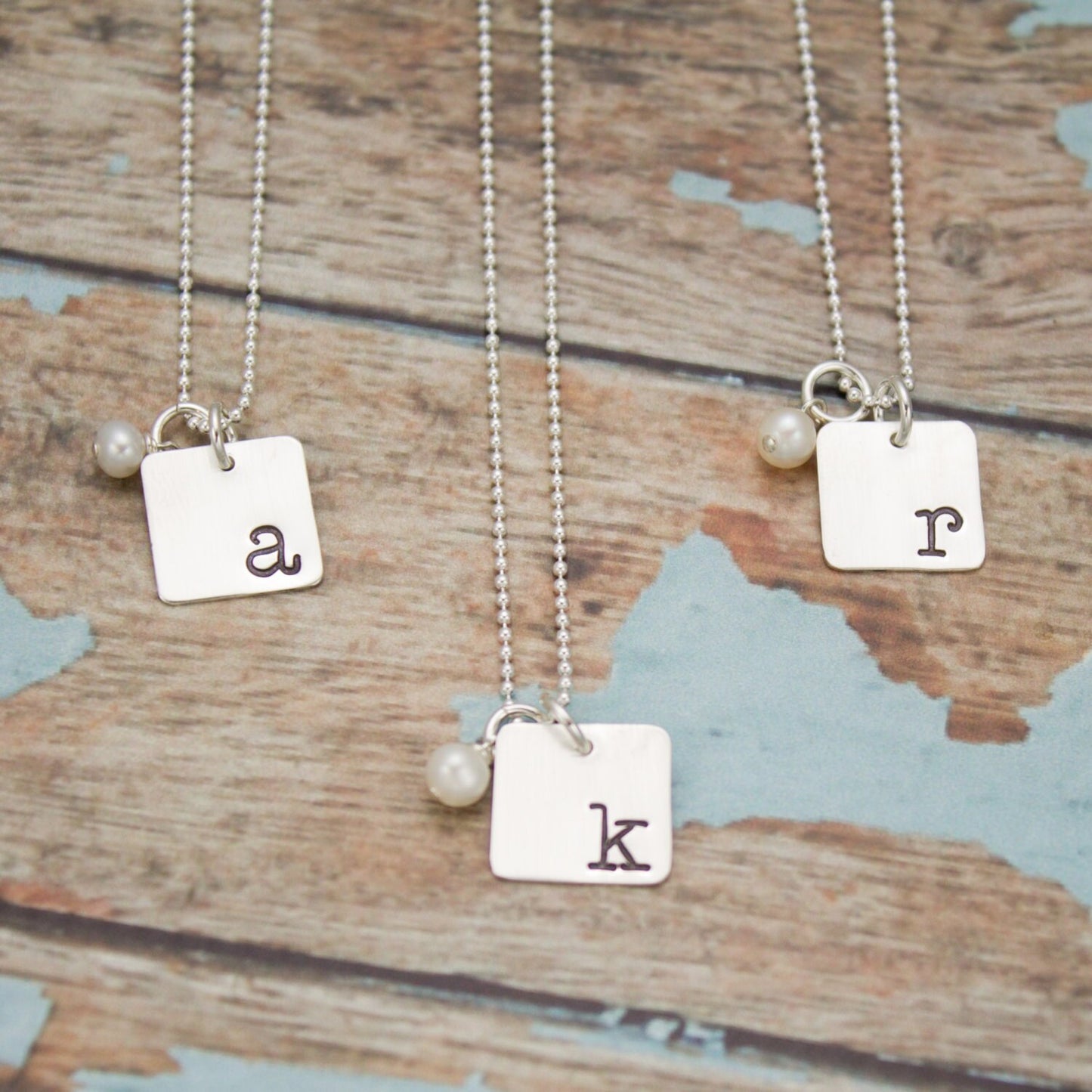 Sterling Silver Square Initial Necklace with Pearl or Birthstone Personalized Hand Stamped Jewelry