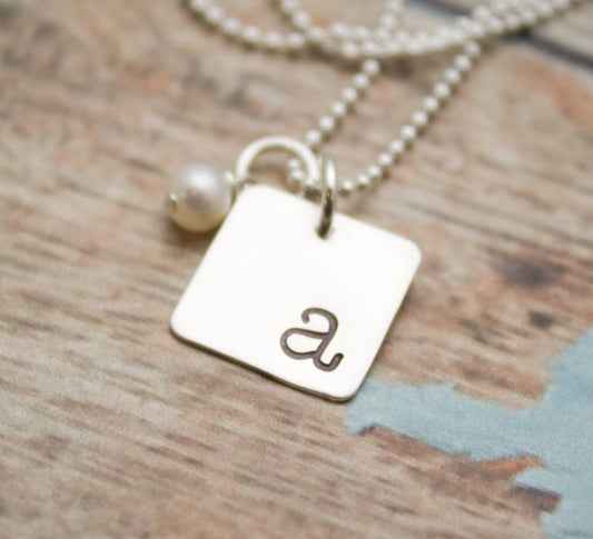 Sterling Silver Square Initial Necklace with Pearl or Birthstone Personalized Hand Stamped Jewelry