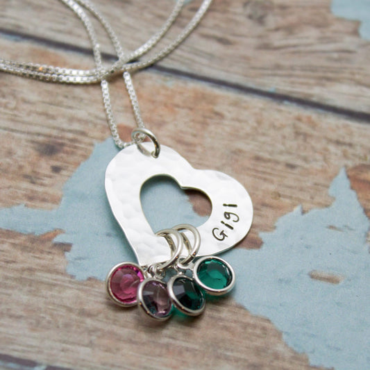 Heart Necklace for Mother or Grandmother with Birthstones Personalized Hand Stamped Jewelry