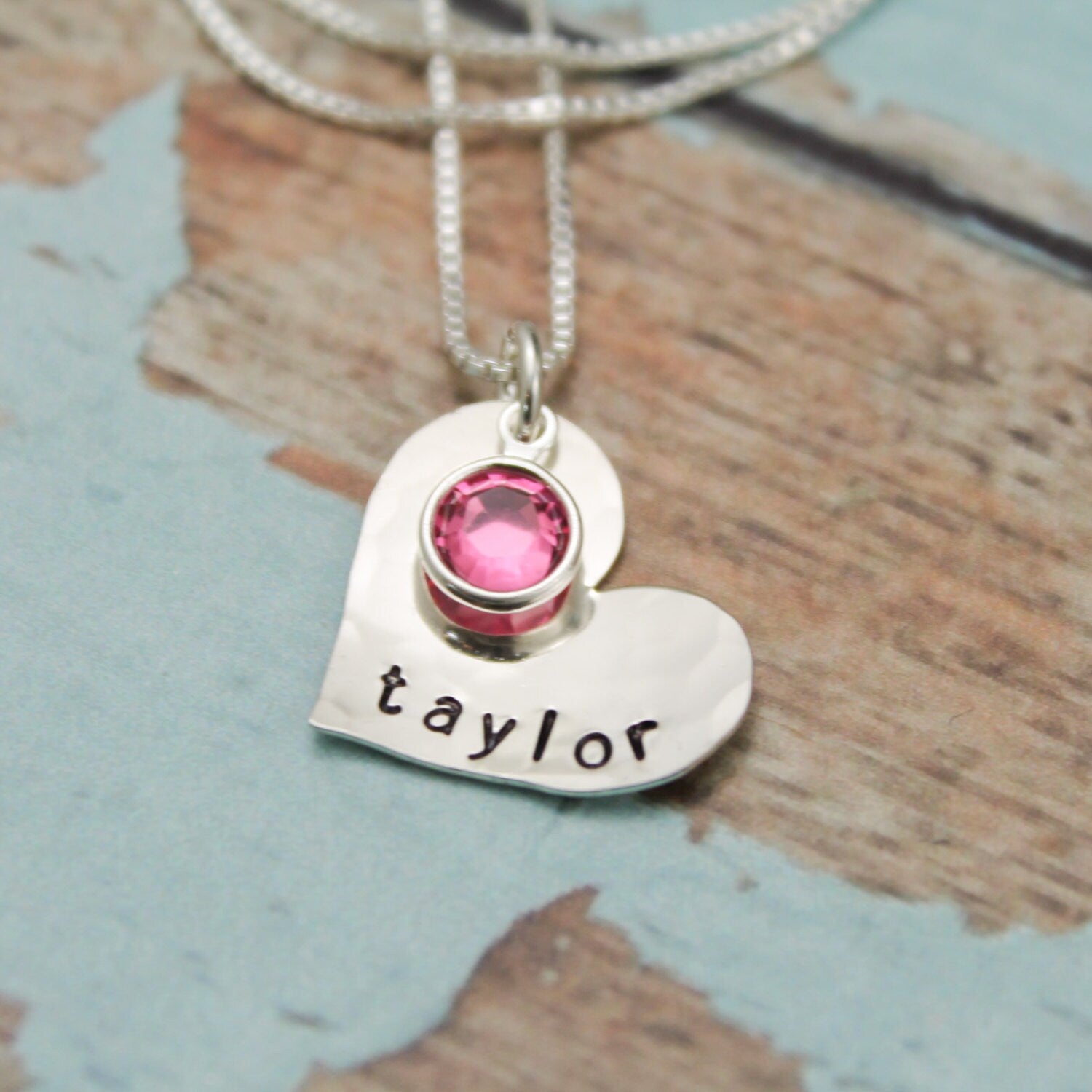 Sweetheart Necklace with Birthstone - Hand Stamped - Personalized - Sterling Silver