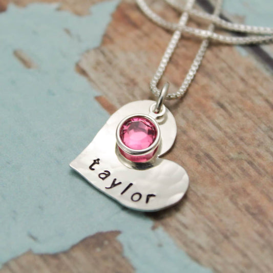 Sweetheart Necklace with Birthstone - Hand Stamped - Personalized - Sterling Silver