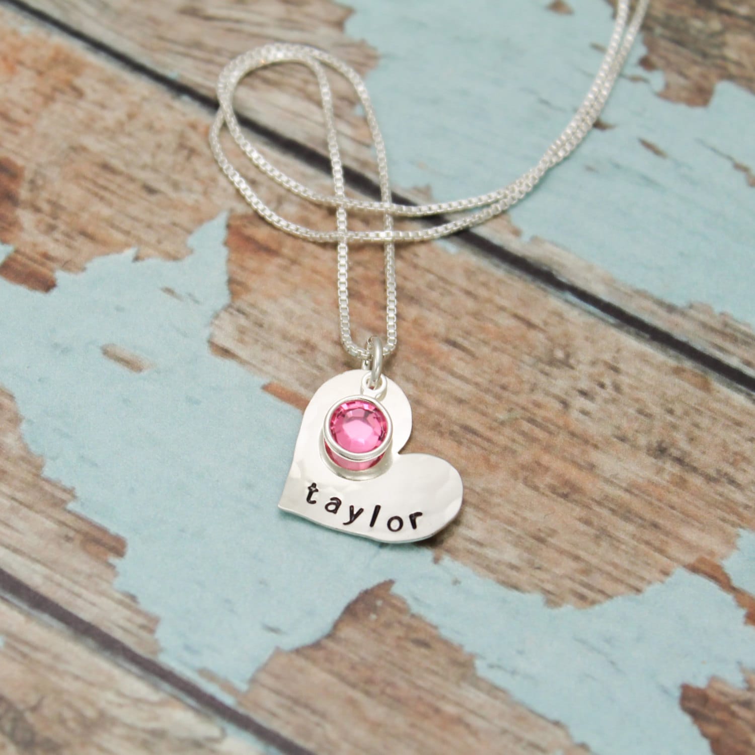 Sweetheart Necklace with Birthstone - Hand Stamped - Personalized - Sterling Silver