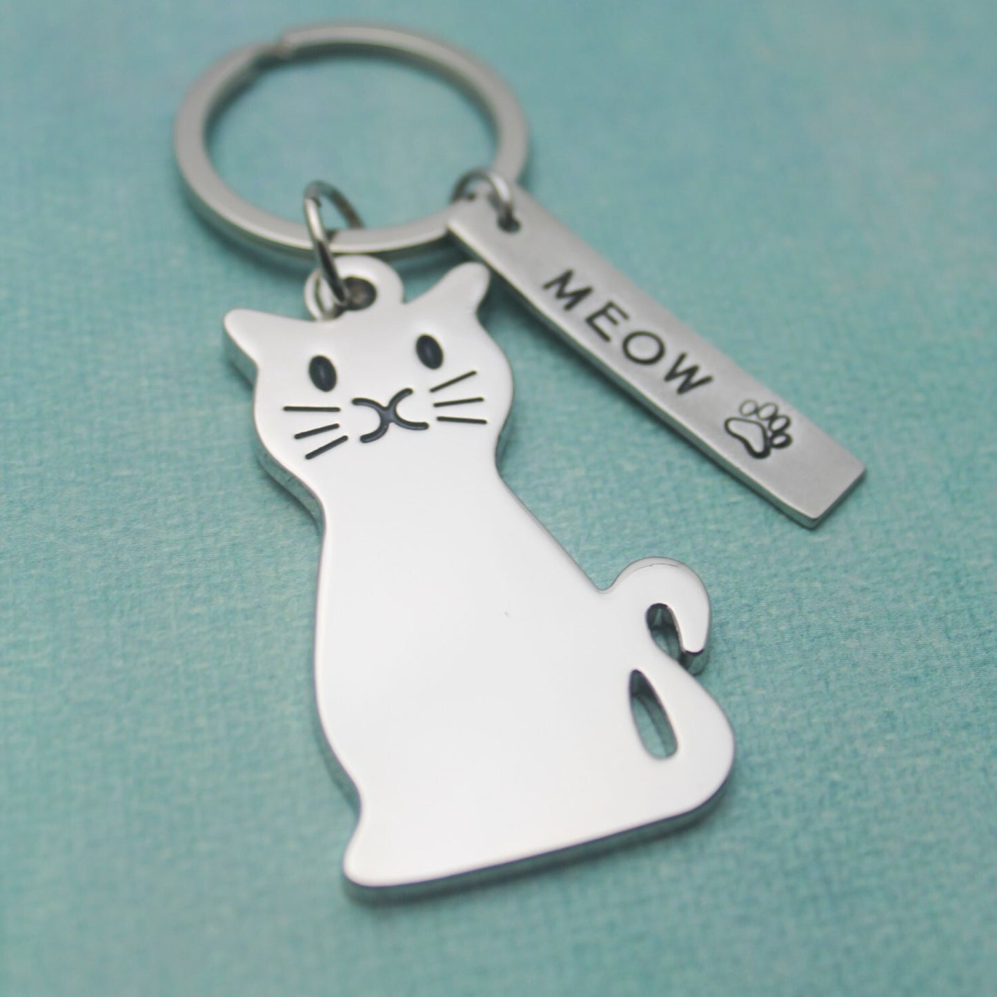 Cat MEOW Pewter Keychain Personalized