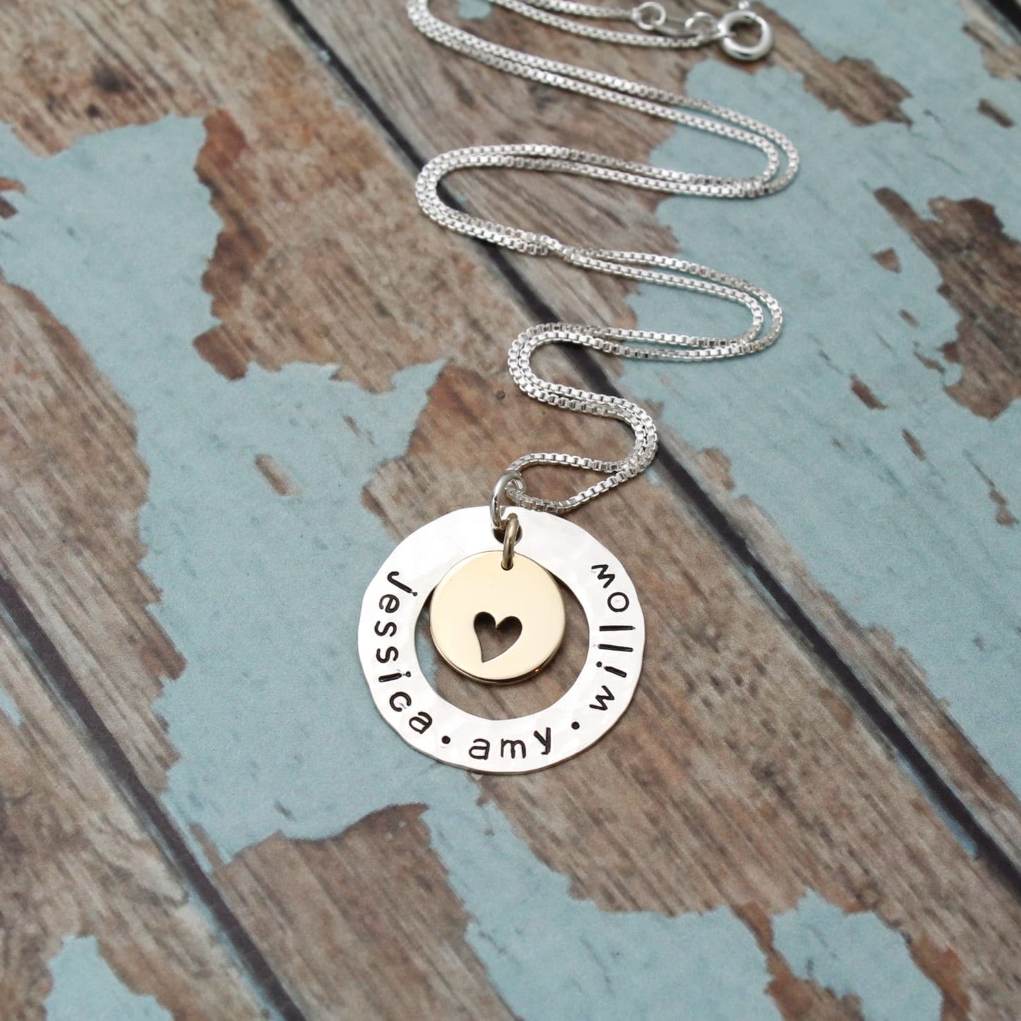 Sterling Silver and Bronze Washer Personalized Family Mother Grandmother Necklace Hand Stamped Jewelry
