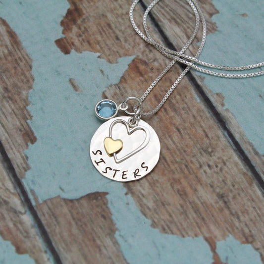 Silver Sister Necklace with Birthstone, Sister Gift, Sisters Necklace with Heart Charm, Hand Stamped, Personalized Sterling Silver Jewelry