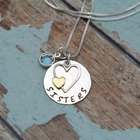 Silver Sister Necklace with Birthstone, Sister Gift, Sisters Necklace with Heart Charm, Hand Stamped, Personalized Sterling Silver Jewelry