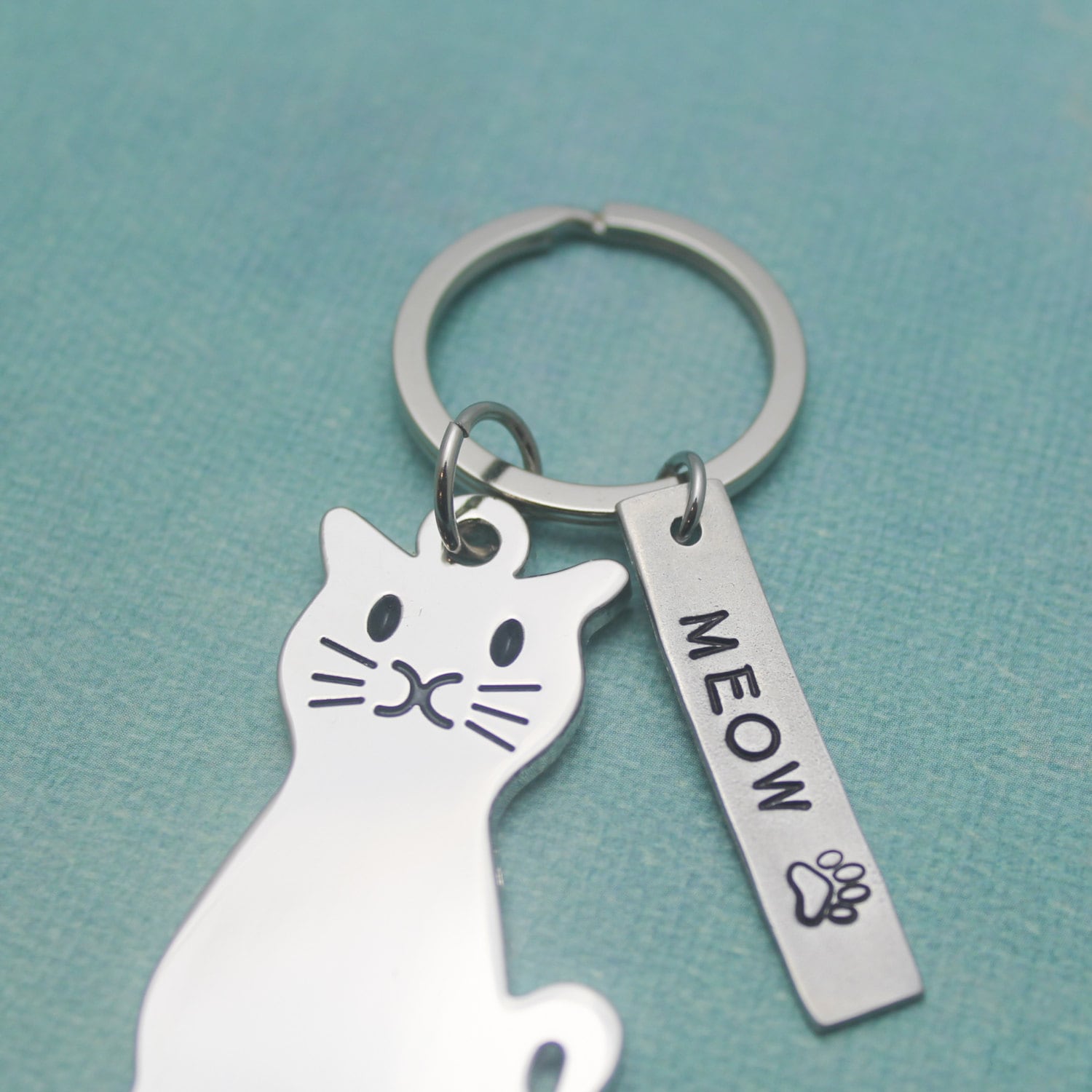 Cat MEOW Pewter Keychain Personalized