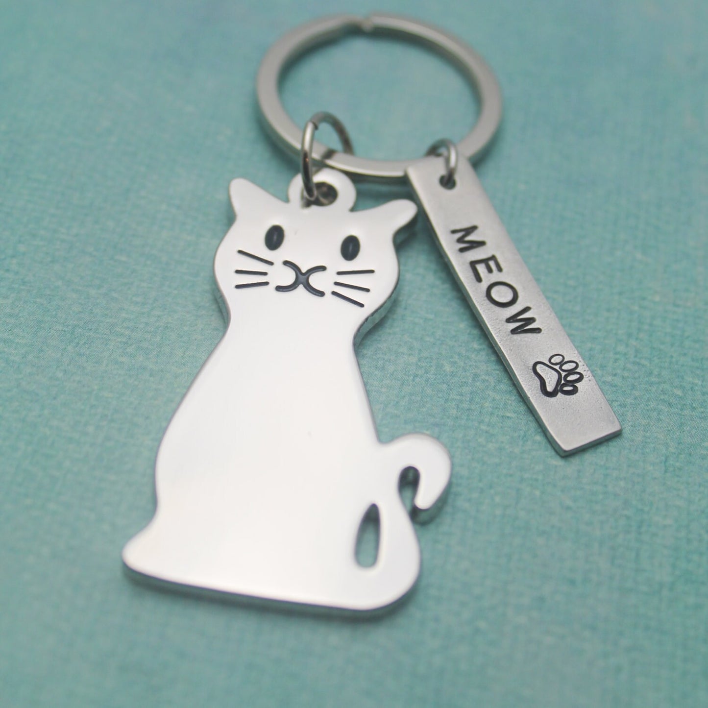 Cat MEOW Pewter Keychain Personalized