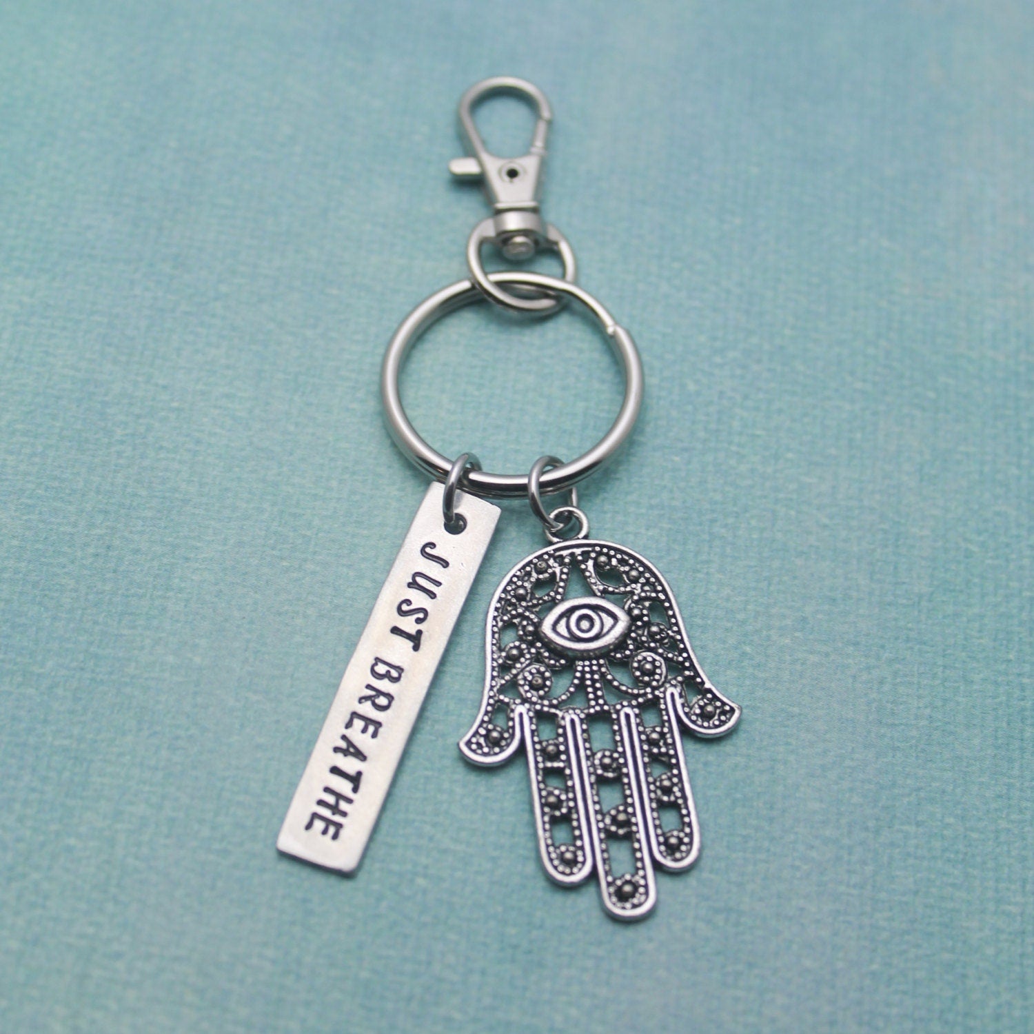 Just Breathe Hand Stamped Pewter Keychain