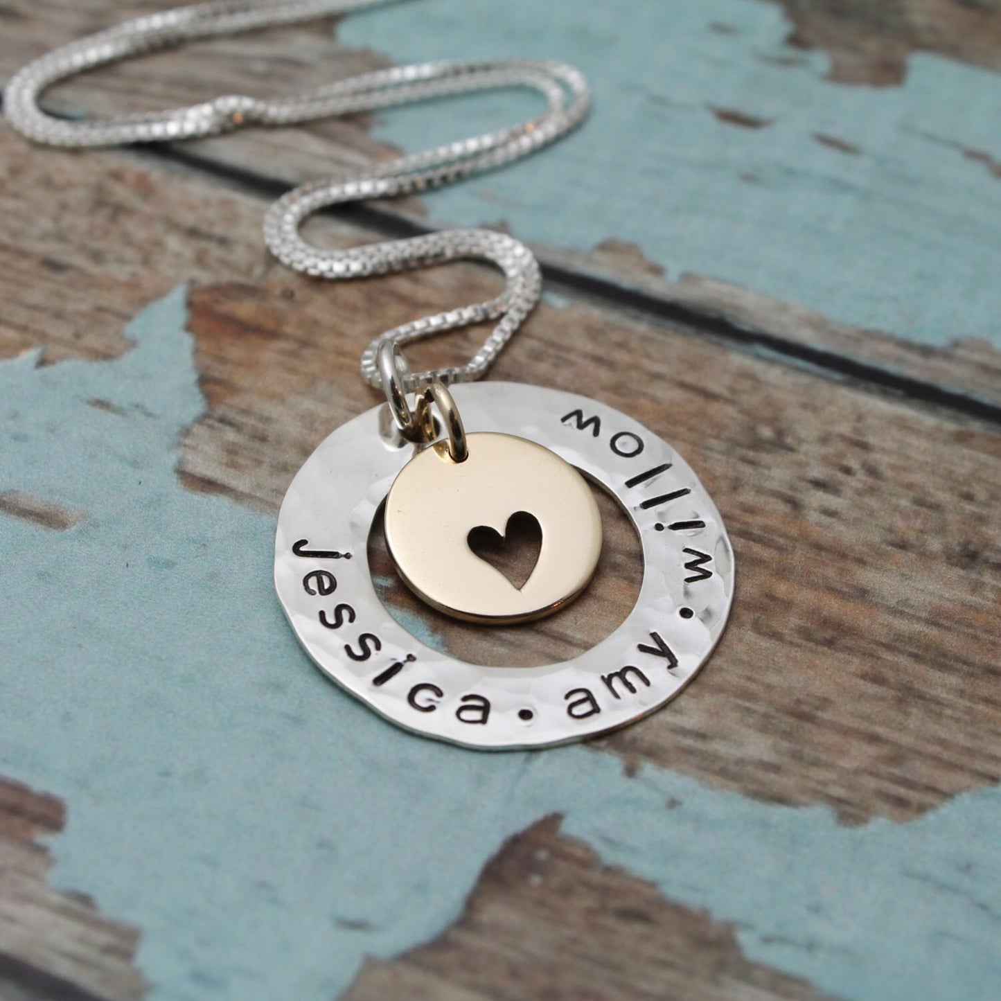Sterling Silver and Bronze Washer Personalized Family Mother Grandmother Necklace Hand Stamped Jewelry